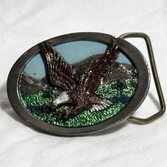 Vintage Belt Buckle Eagle in Flight Mountains River Tree By C&J in USA 1985 2.5" - Picture 16 of 16